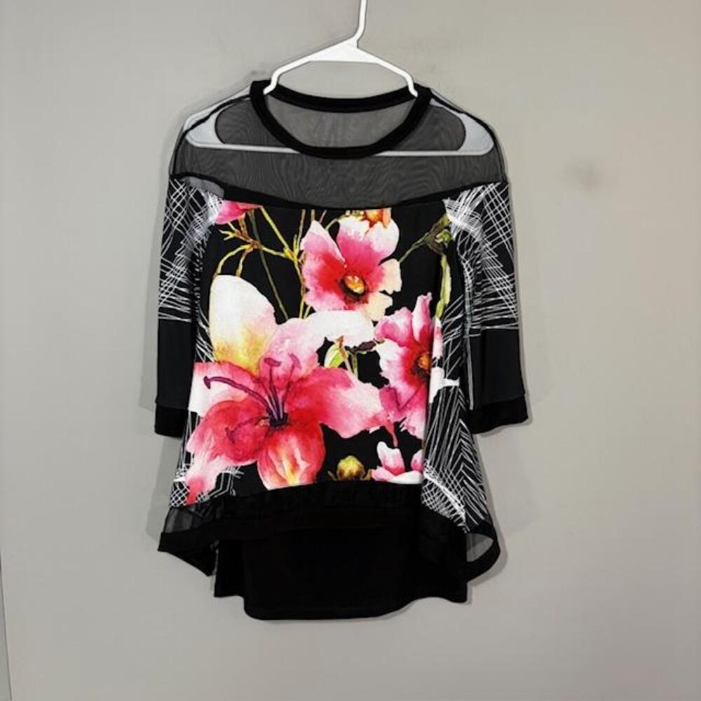 Joseph Ribkoff Blouse Womens 4 Multicolor Floral Sheer 3/4 Sleeve Tunic Top